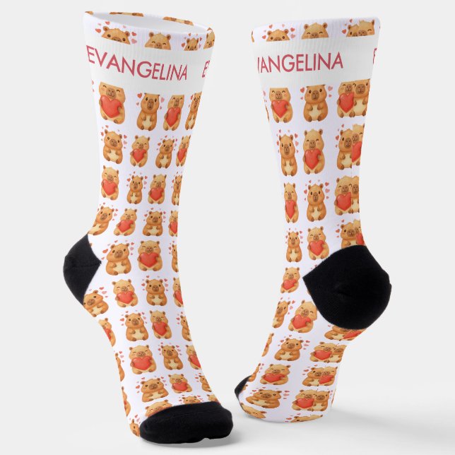 Süße personalisierte Wasserfarbe-Herzen Capybara Socken (Gewinkelt)
