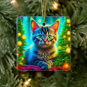 Süße personalisierte Weihnachtslichter und Kätzche Keramikornament