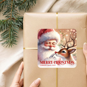Süße personalisierte Weihnachtsmann-Rudolph-Winter Quadratischer Aufkleber