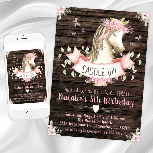 Süße Pferde-Geburtstagsfeier Einladung (Girl horse birthday party invitation with horse, flowers, butterflies. Digital and print available.)