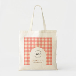 Süße Pfirsich-Rosa-Gingham-Prep-Logo-Geschäft Tragetasche