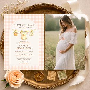 Süße Pfirsich-Wäscheleine-Foto-Baby-Party Einladung
