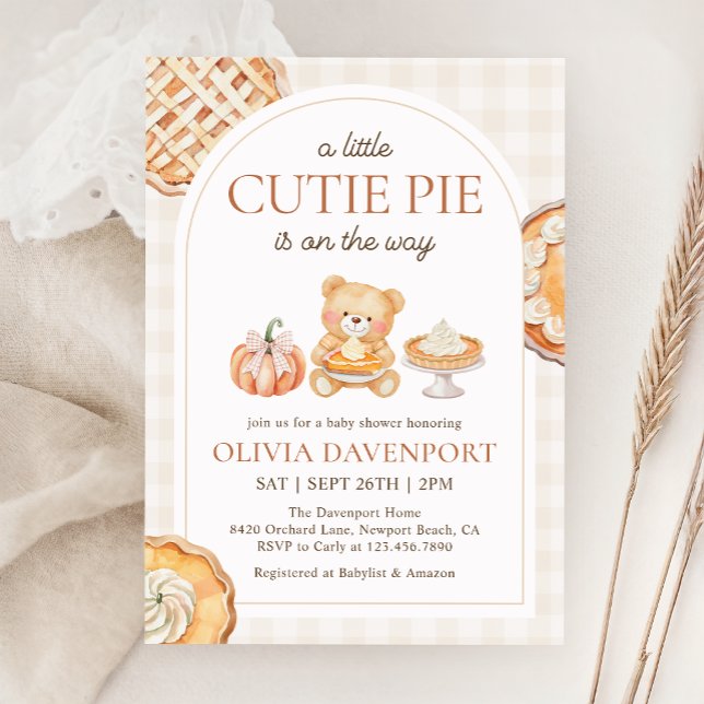 Süsse Pie Gingham Teddy Bear Fall Baby Dusche Einladung (Von Creator hochgeladen)