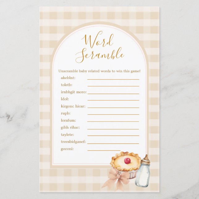 Süsse Pie Pastel Gingham Shower Word Scramble Game (Vorderseite)