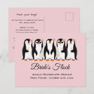 Süße Pinguin-Brautjungfer-Herde Rosa Junggesellinn Einladungspostkarte