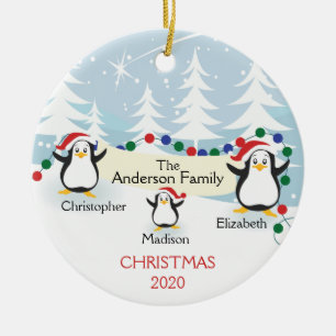 Süße Pinguin-Familie mit 3 Weihnachtsbaumanhängern Keramikornament