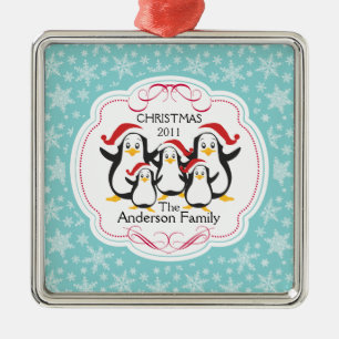Süße Pinguin-Familie mit 5 Weihnachtsbaumanhängern Ornament Aus Metall