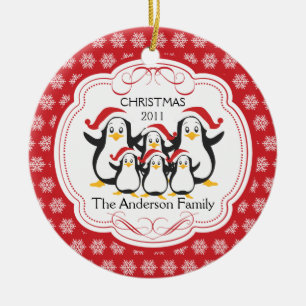 Süße Pinguin-Familie mit 6 Weihnachtsbaumanhängern Keramik Ornament