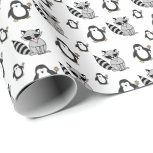 Süße Pinguin Waschbär Freunde Baby-Geschenk Geschenkpapier
