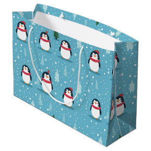 Süße Pinguine auf Hellblau mit Schneeflocken  Große Geschenktüte