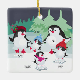 Süße Pinguine mit Namen für eine Familie von 5 Keramikornament