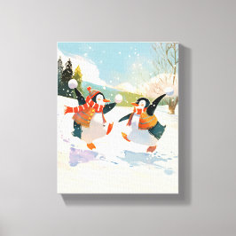 Süße Pinguine spielen im Schnee Aquarell-Kinderzim Leinwanddruck