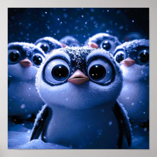 Süße Pinguinfamilie schneereiche Winternacht Poster