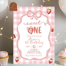 Süße Pink-Karo-Erdbeeren-Coquette zum Geburtstag Einladung