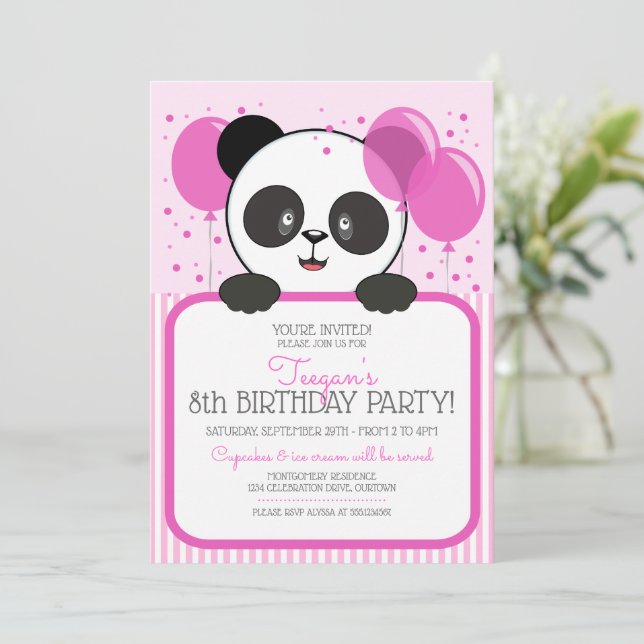 Süsse Pink Panda Geburtstagsparty Einladungen (Stehend Vorderseite)