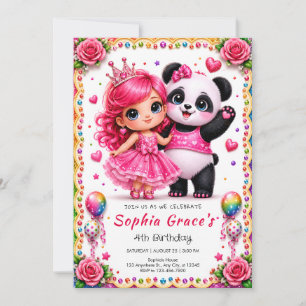 Süße Pinke Panda- und Prinzessinnen-Geburtstagsein Einladung