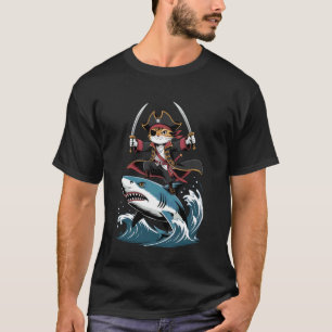 Süße Piratenkatze reitet auf einem Hai Lustiges Ha T-Shirt