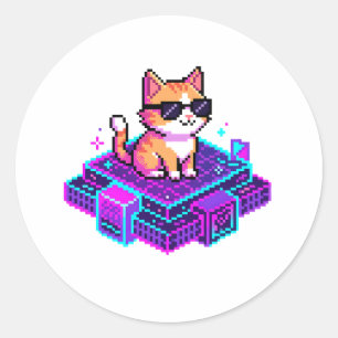 Süße Pixel-Art Coole Katze mit Sonnenbrille Runder Aufkleber