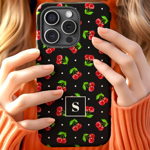 Süße Polka Dot Kirschen auf schwarzem Monogramm Case-Mate iPhone Hülle