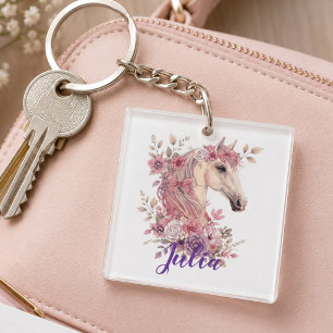 Süße Pony-Pastell-Blumen mit personalisiertem Name Schlüsselanhänger