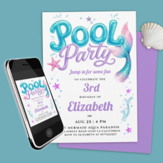 Süße Poolparty Blaue Lila Meerjungfrauen-Schwanz Einladung
