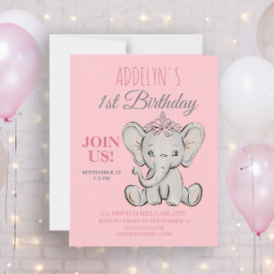 Süße Prinzessin-Elefant-Kleines Mädchen zum 1. Geb Einladung
