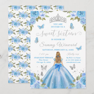 Süße Prinzessin Sechzehn Blaue Blumen Silber Tiara Einladung