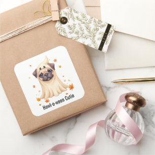 Süße Pug-Geist-Halloween-Wasserfarben-Illustration Quadratischer Aufkleber
