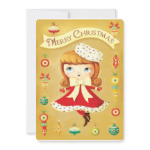 Süße Puppe im roten Kleid Vintage-Weihnachtskarte