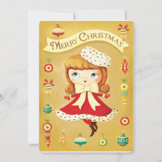 Süße Puppe im roten Kleid Vintage-Weihnachtskarte Feiertagskarte