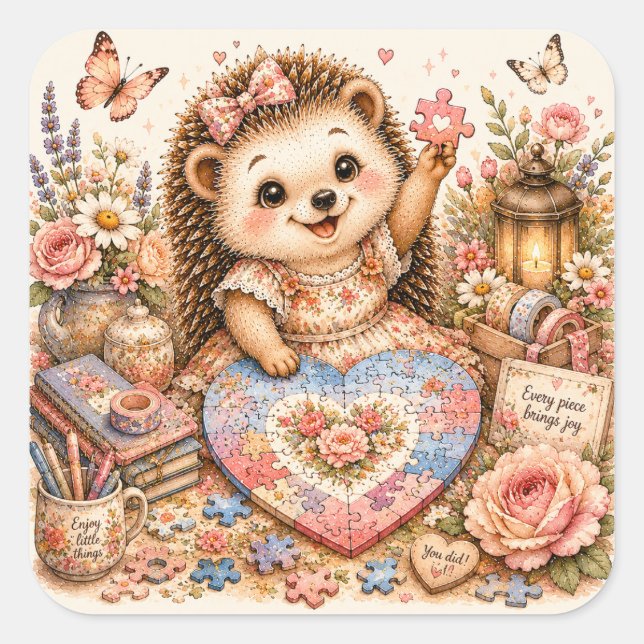 Süße Puzzle-Igel-Wasserfarben-Kunst Quadratischer Aufkleber (Vorderseite)