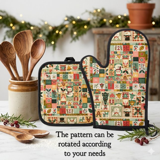 Süße Quilt-Patchwork-Weihnachten Ofenhandschuh & Topflappen-Set (Oven mitt and pot holder set featuring a retro quilt or patchwork design with a Christmas theme)