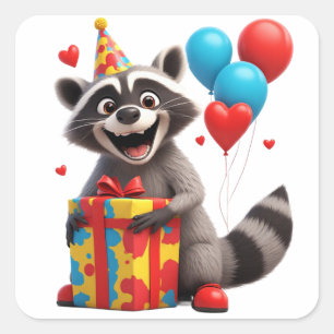 🦝 Süße Raccoon-Geburtstagsfeier mit Geschenk Quadratischer Aufkleber