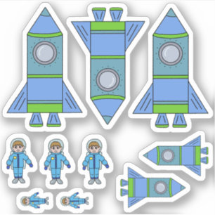 Süße Rakete Astronaut Blau Grün Zeichnung Kinder  Aufkleber