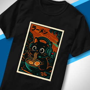 Süße Ramen-Katzen-Kopfhörer Retro-Japanische Musik T-Shirt