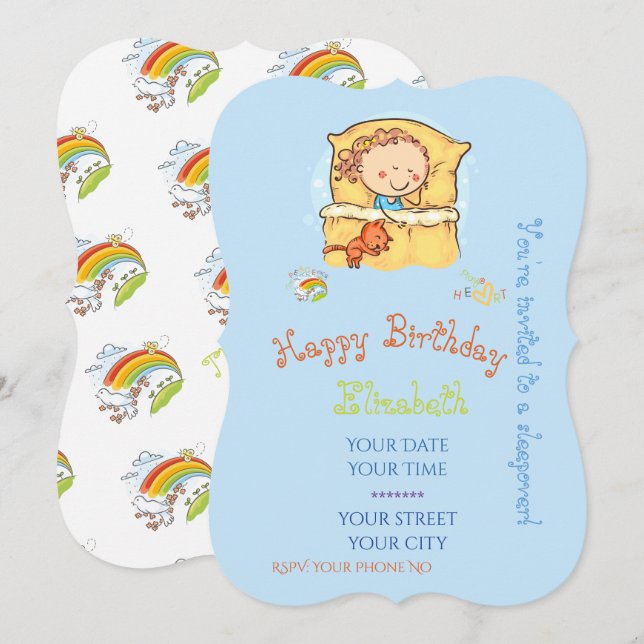 Süße Regenbogen-Strichmännchen Mädchen schlafende  Einladung (Vorne/Hinten)