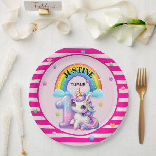 Süße Regenbögen und Einhorn 1. Geburtstag Pappteller