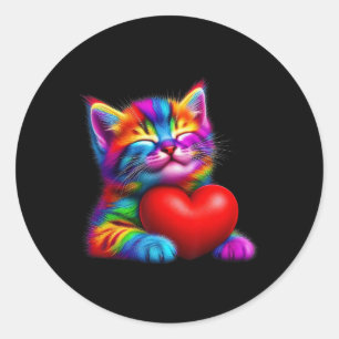 Süße Regenbogenkatze umarmt Valentinsherz Kitty Li Runder Aufkleber