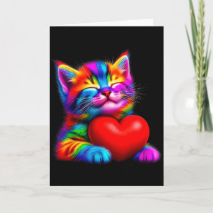 Süße Regenbogenkatze umarmt Valentinsherz Kitty Lo Karte