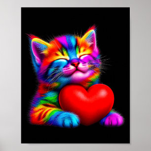 Süße Regenbogenkatze umarmt Valentinsherz Kitty Lo Poster