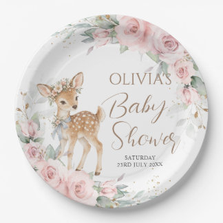 Süße Reh-Rosé-Blumen-Baby-Shower-Begrüßung Pappteller