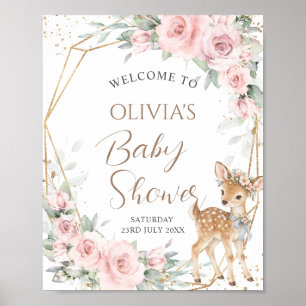 Süße Reh-Rosé-Blumen-Baby-Shower-Begrüßung Poster