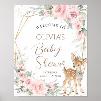 Süße Reh-Rosé-Blumen-Baby-Shower-Begrüßung Poster