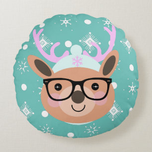 Süße Rentier-Weihnachtsfeier-Schal-Hut-Brille    Rundes Kissen
