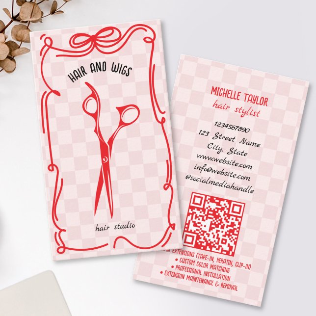 Süße Retro-Friseur-Laune-Doodle-Rot-Pink Visitenkarte (cute red and pink doodle scissors business cards
)
