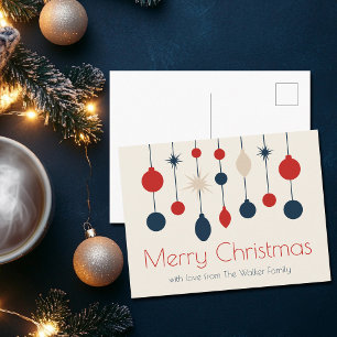 Süße Retro-Frohe-Weihnachten-Rot-Blau-Ornamente Feiertagspostkarte