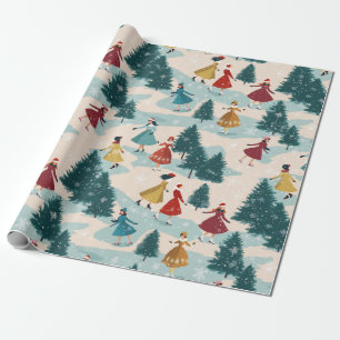 Süße Retro-Mädchen beim Eislaufen im Winterwunderl Geschenkpapier