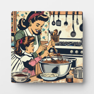 Süße Retro-Mutter und Tochter backen zusammen Fotoplatte