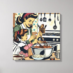 Süße Retro-Mutter und Tochter backen zusammen Leinwanddruck