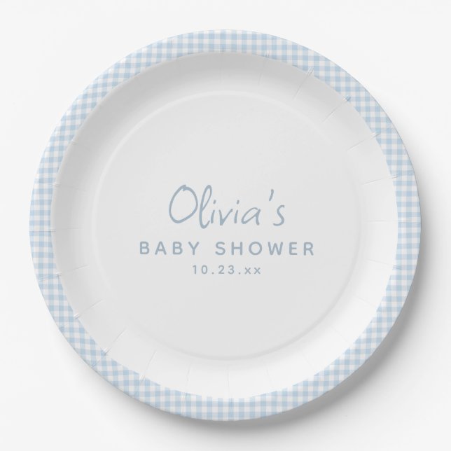 Süße Retro-Preppy-Hellblaue-Gingham-Baby-Party Pappteller (Vorderseite)